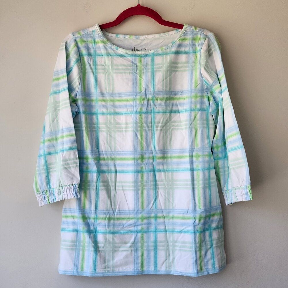 Denim & Co. Favorite Jersey Shirt | XS | Boat Neck 3/4 Sleeve Smocked Cuff Plaid